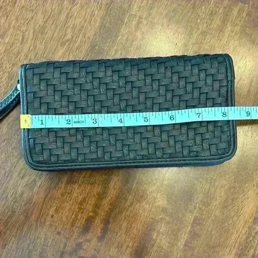 Madison West Wristlet Wallet Black Woven Faux Leather Clutch